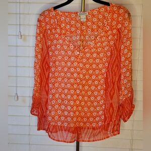 Lucky Brand Caley Mixed Print Boho Peasant Blouse Orange Ivory